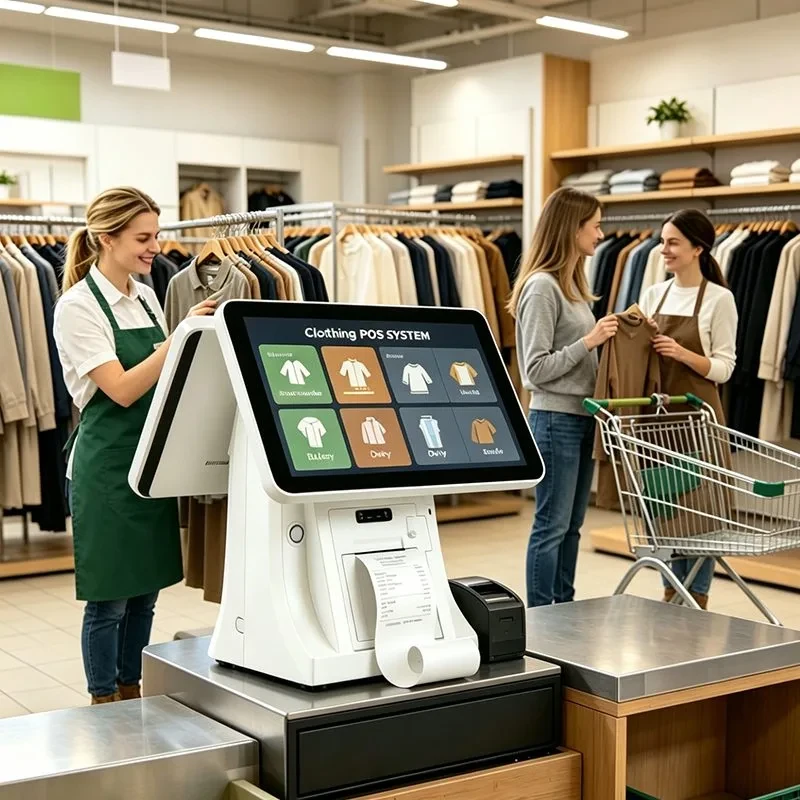 Qtenboard dual screen POS on a clothing boutique counter with clothing racks and folded shirt