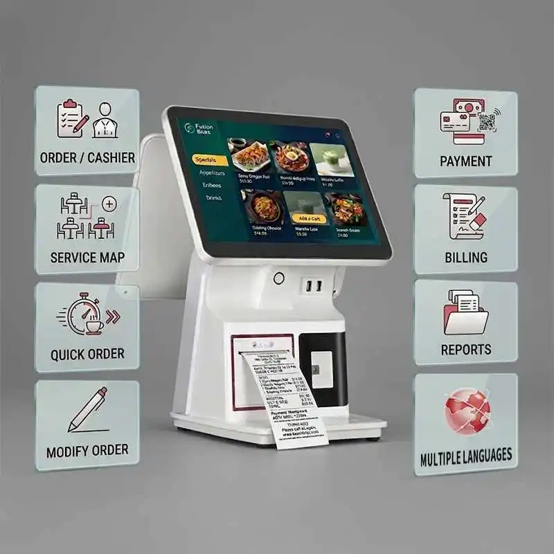 Qtenboard POS terminal with icons for order cashier service map quick order payment billing reports and multiple languages