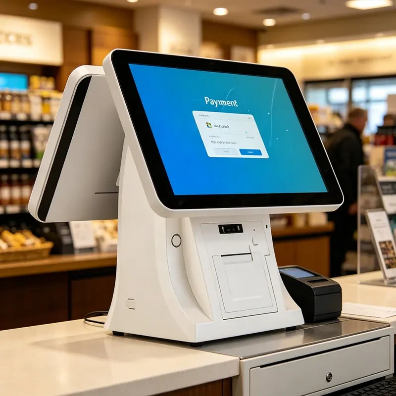 Qtenboard dual screen POS terminal on a retail checkout counter showing payment login screen next to card reader