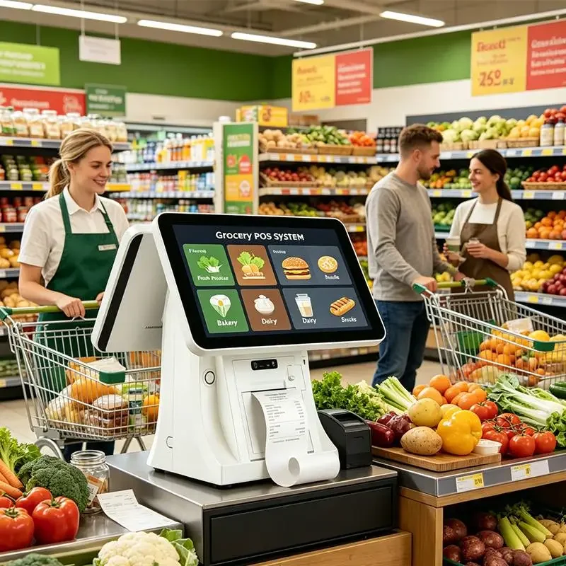 Qtenboard POS at a supermarket grocery checkout with fresh produce shelves and reusable shopping bag