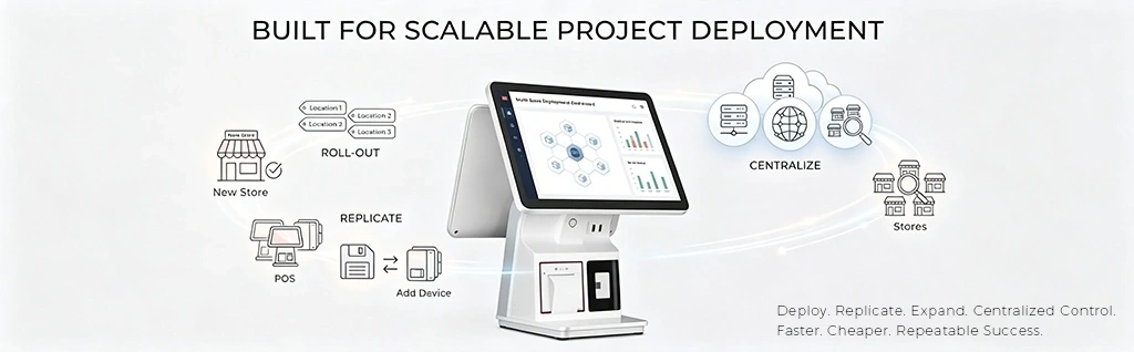 Qtenboard POS scalable project deployment diagram showing roll out replicate and centralize across multiple stores