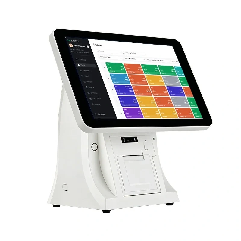 Qtenboard single screen POS terminal displaying hotel room management interface