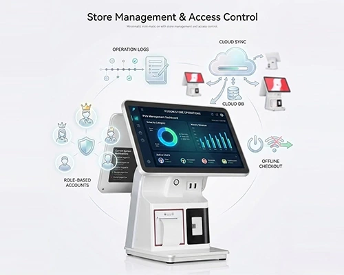 Qtenboard POS store management dashboard with role based accounts operation logs cloud sync and offline checkout