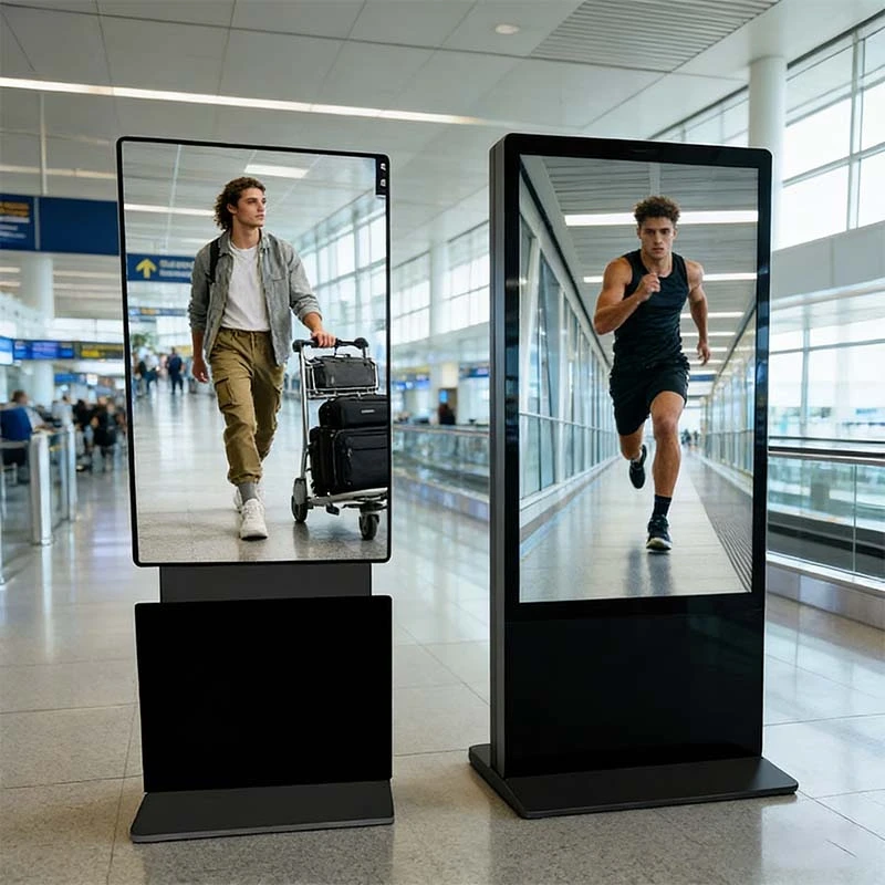 Qtenboard 4K rotating digital signage kiosk at airport transportation hub