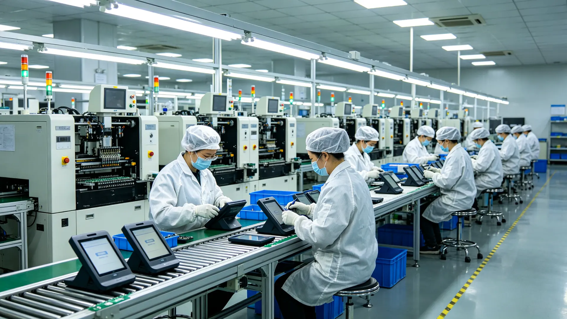 Qtenboard electronics assembly line in Shenzhen factory with workers in antistatic coats