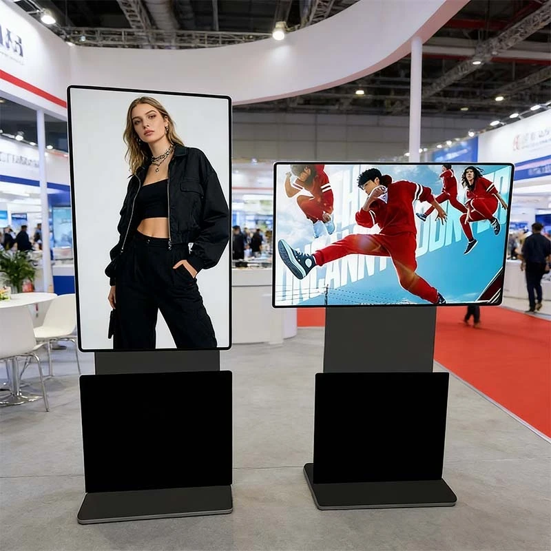 Qtenboard floor standing rotating digital signage at exhibition hall trade show