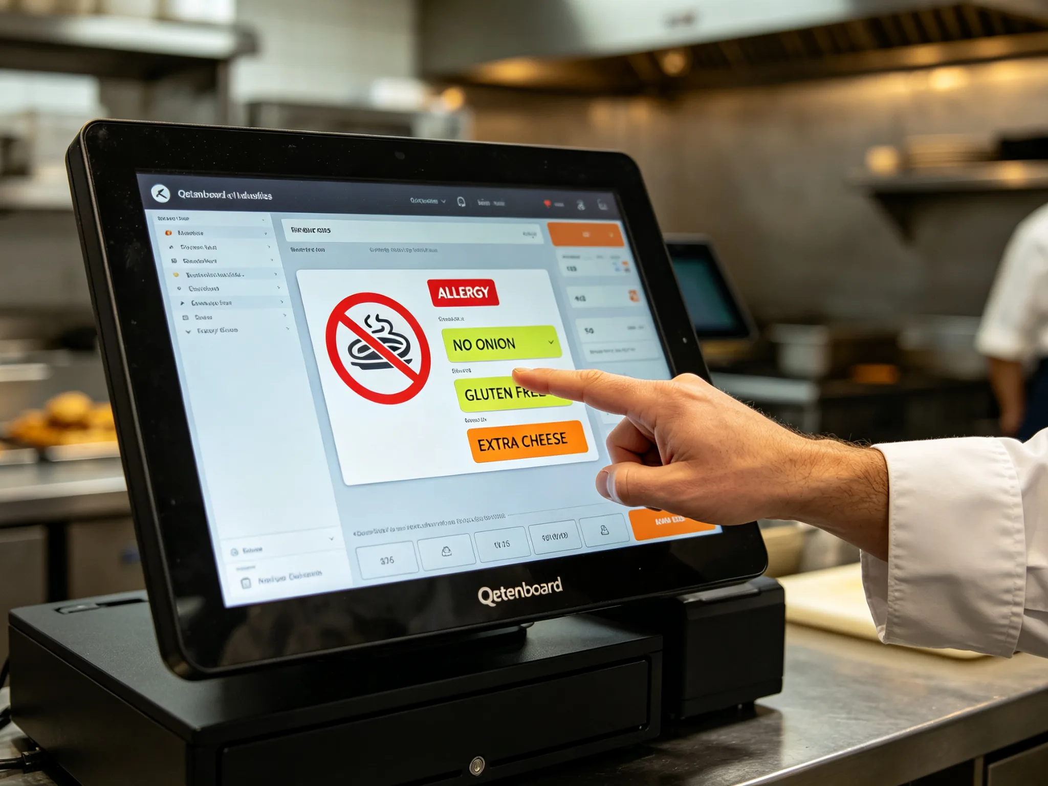 Qtenboard kitchen display system ticket showing allergen flags and special modifier alerts