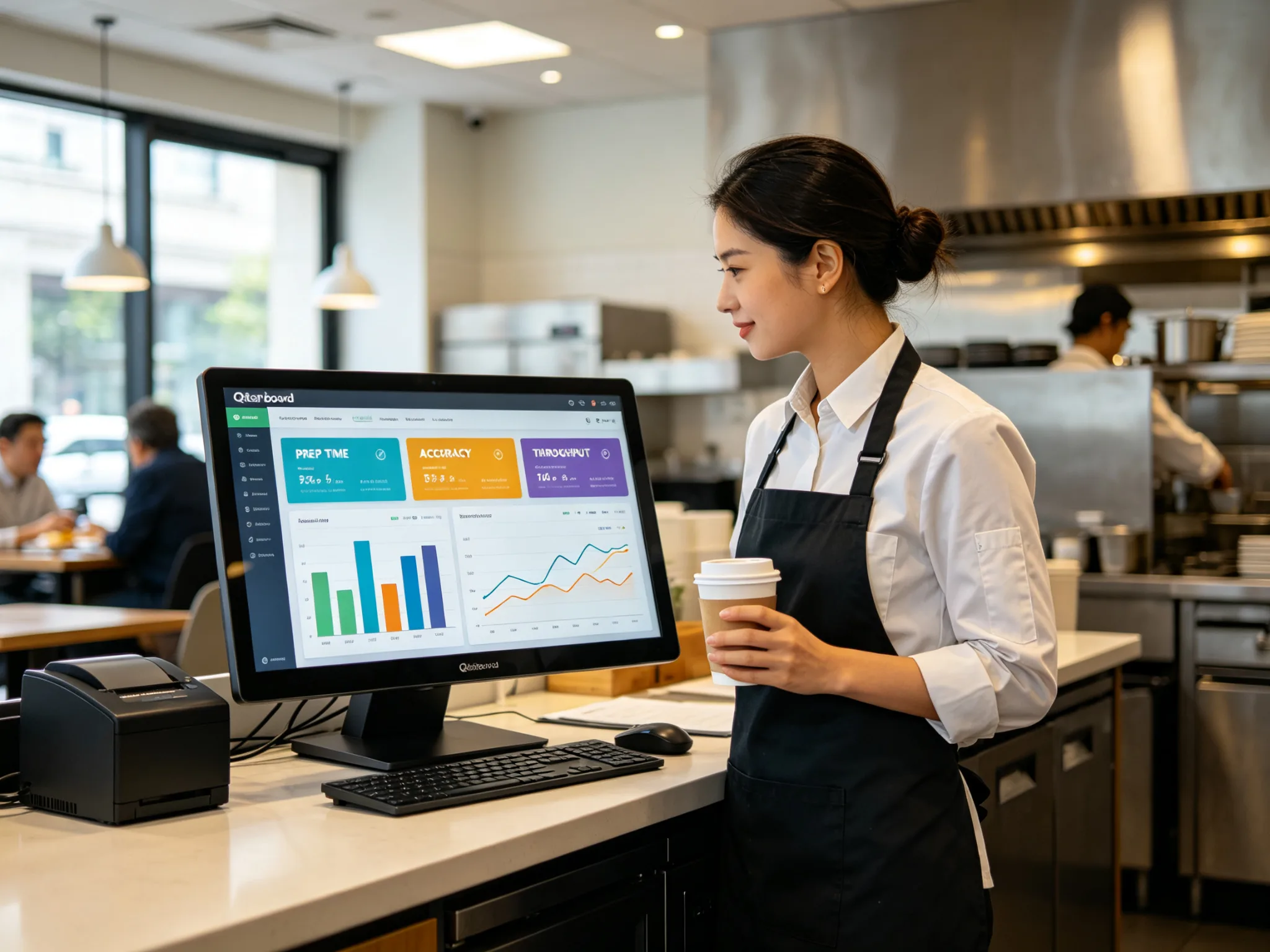 Qtenboard kitchen display system analytics dashboard showing prep time throughput and order accuracy charts