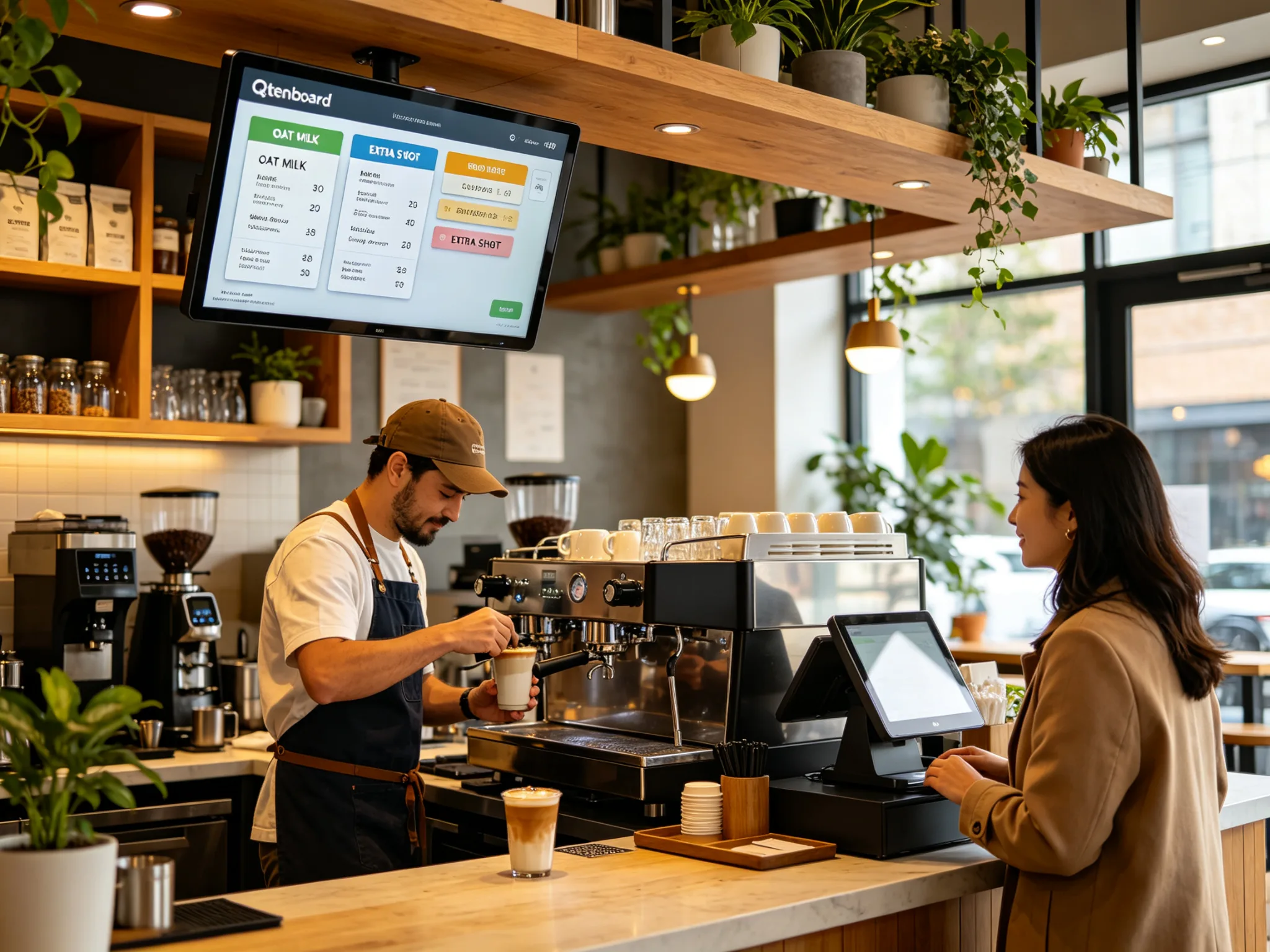 Qtenboard kitchen display system displaying drink modifiers and allergen flags in a cafe bakery