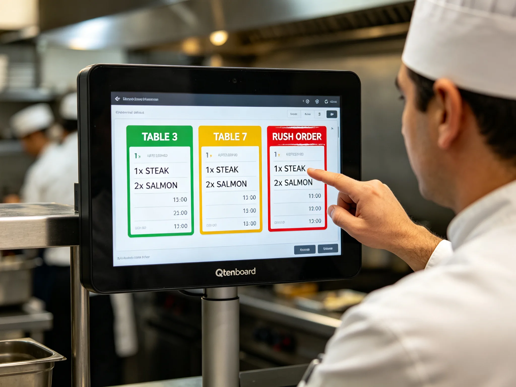 Qtenboard kitchen display system screen showing green yellow and red color-coded order priority