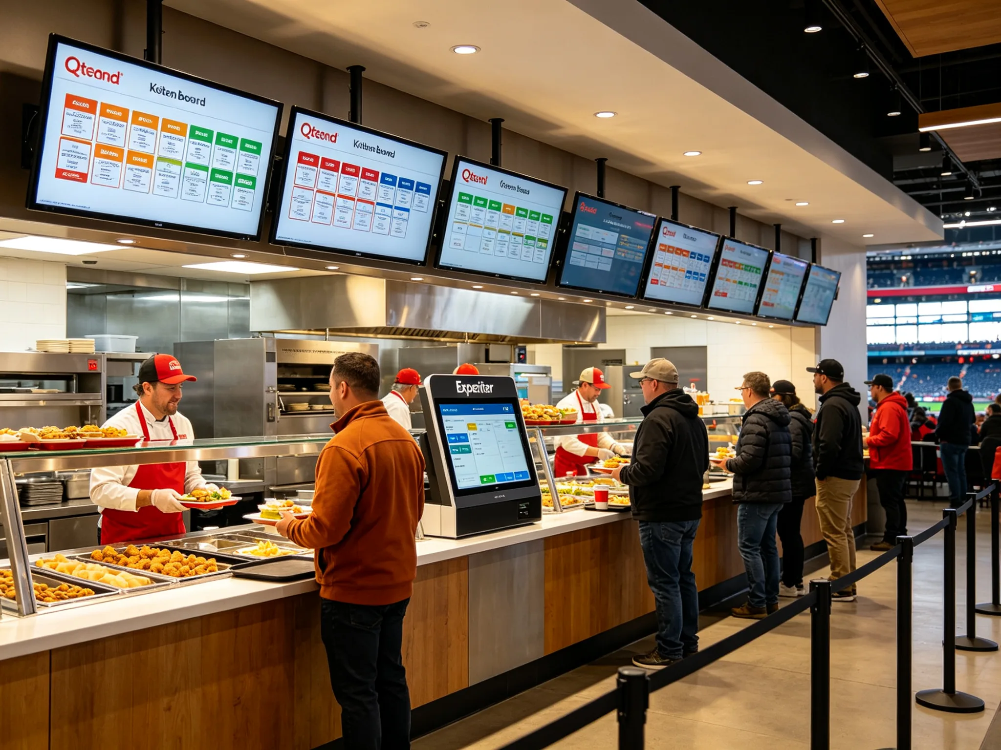 Qtenboard kitchen display system centralized expediter screens managing peak crowds in a food hall