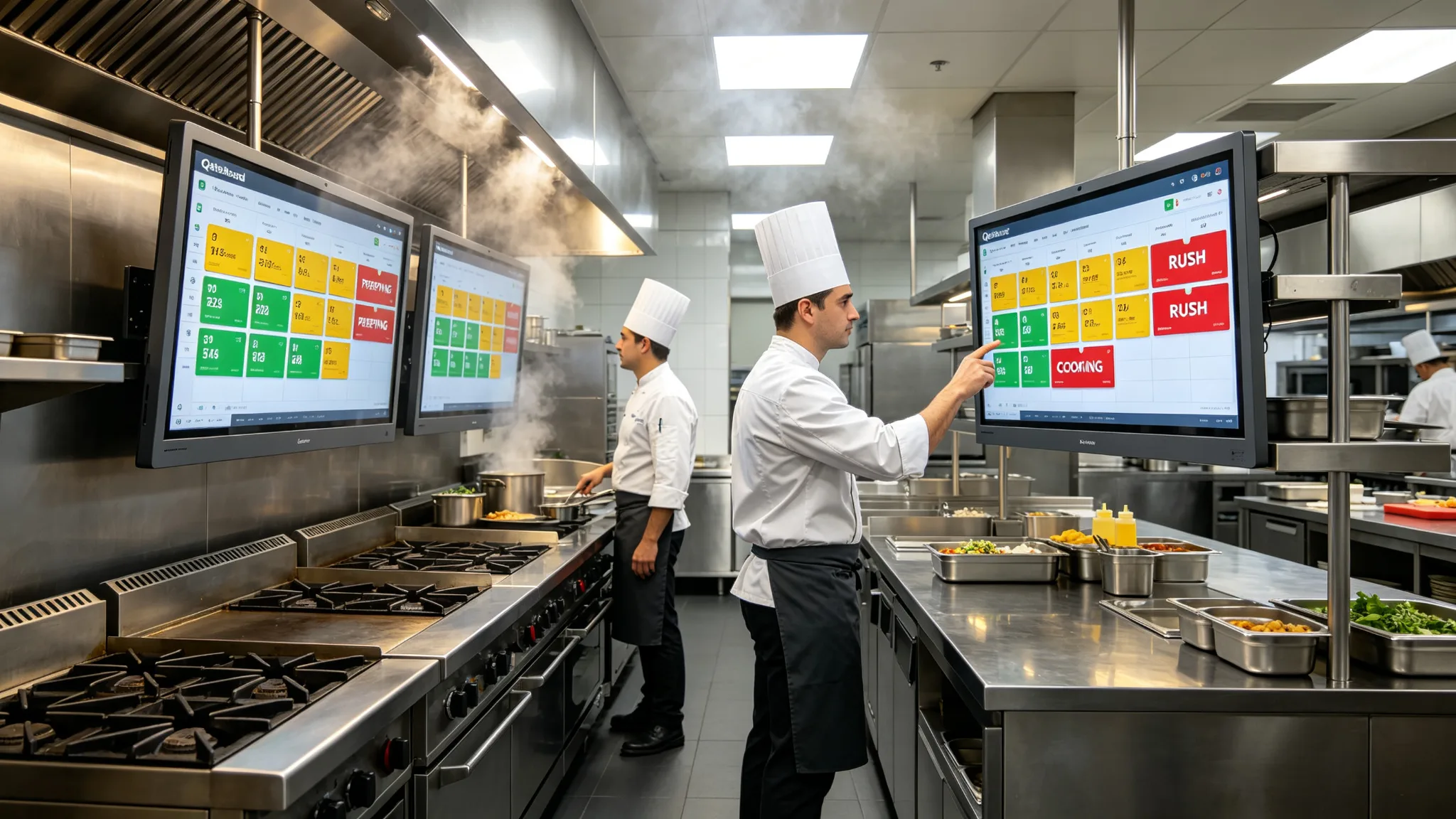 Qtenboard Kitchen Display System software running in a busy commercial kitchen