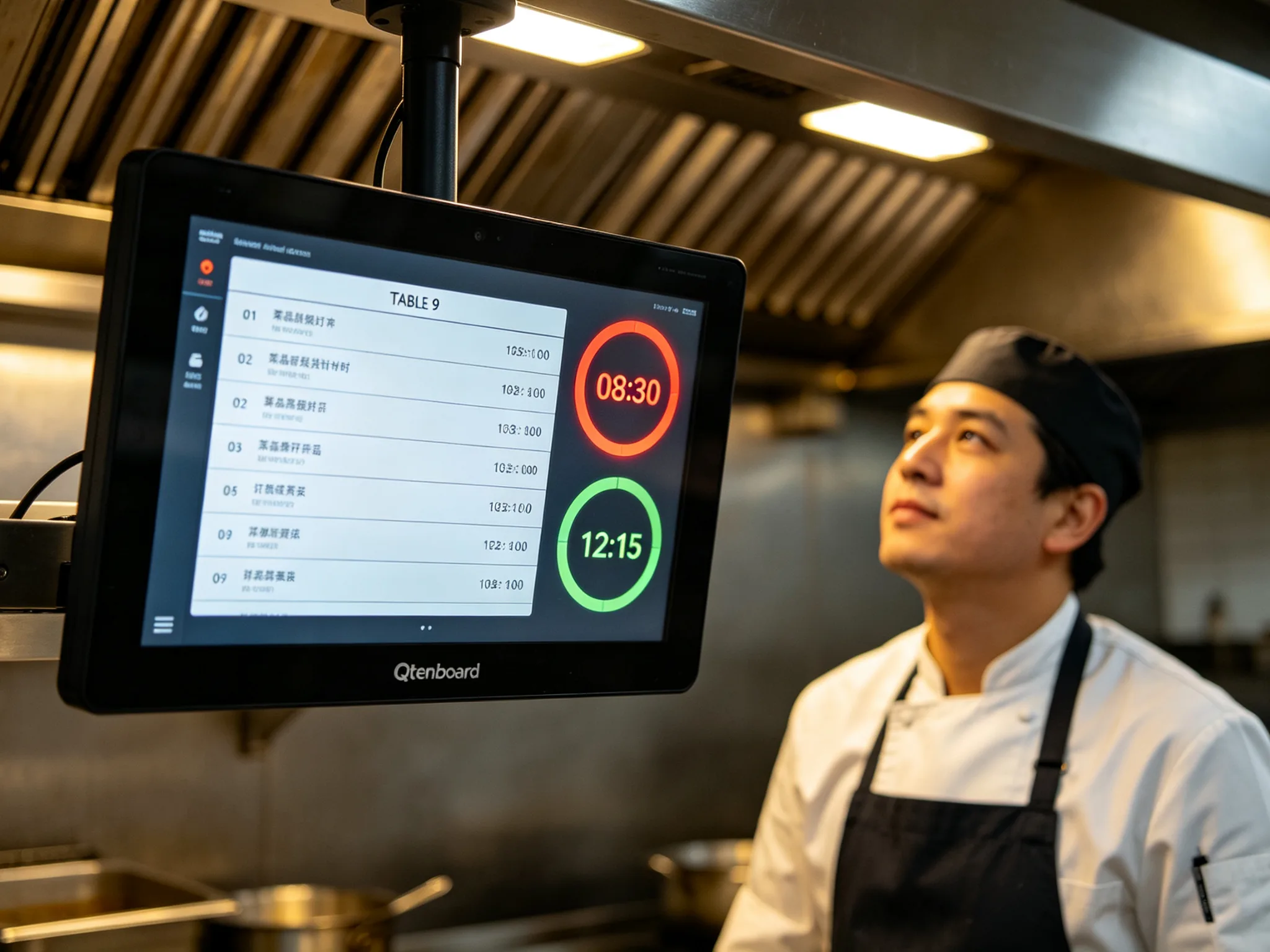 Qtenboard kitchen display system screen with per-item countdown timers and escalation alerts