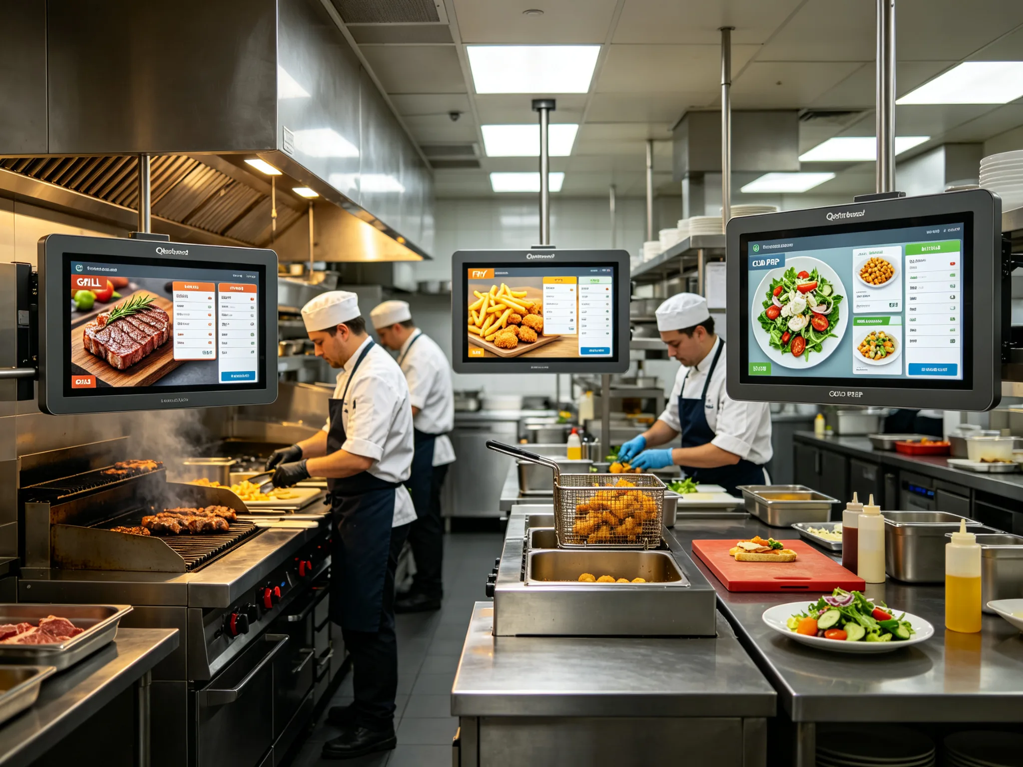 Multiple Qtenboard kitchen display system screens routed to grill fry and cold prep stations
