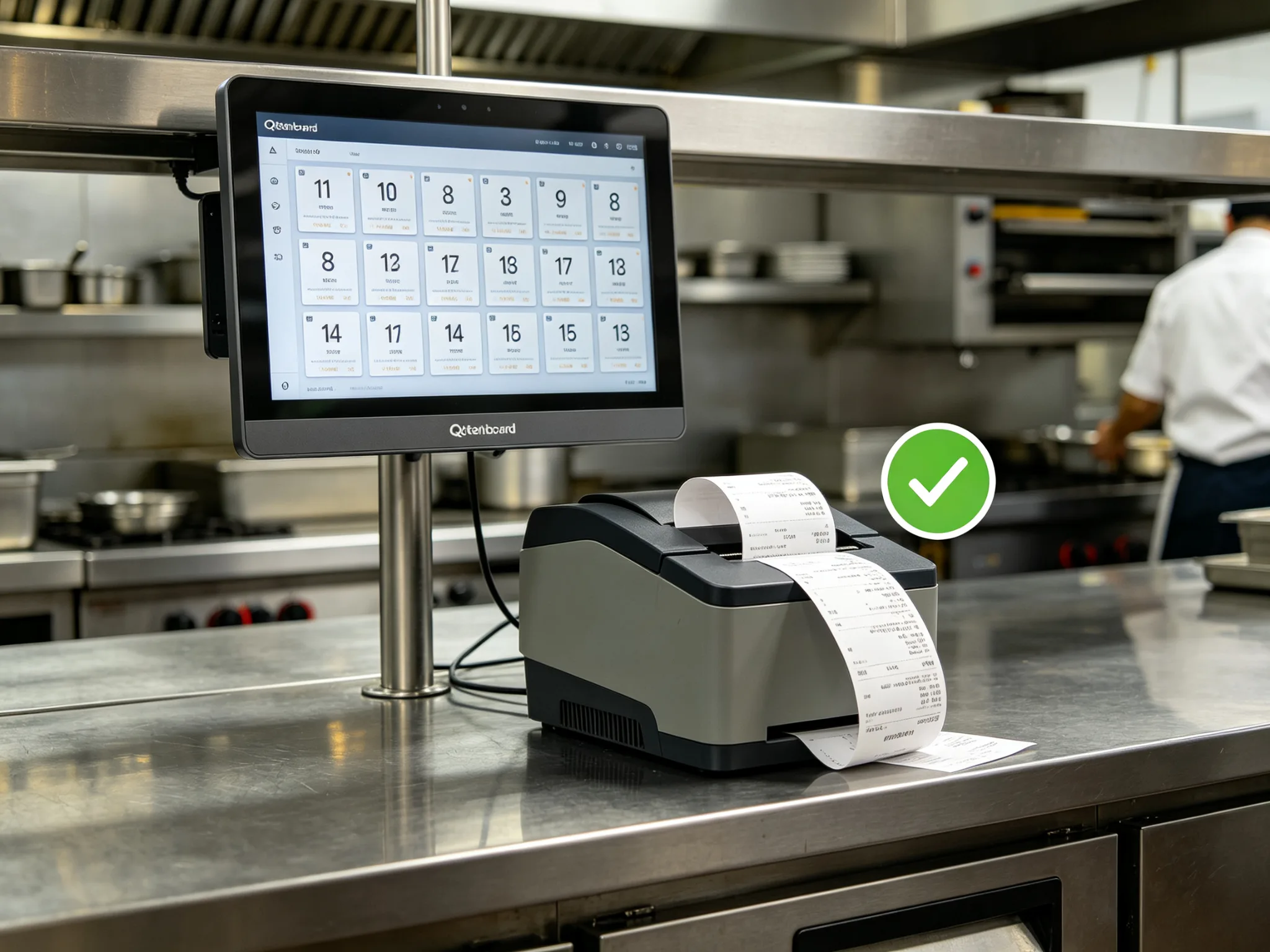 Qtenboard digital kitchen display system screen replacing thermal paper tickets in a kitchen