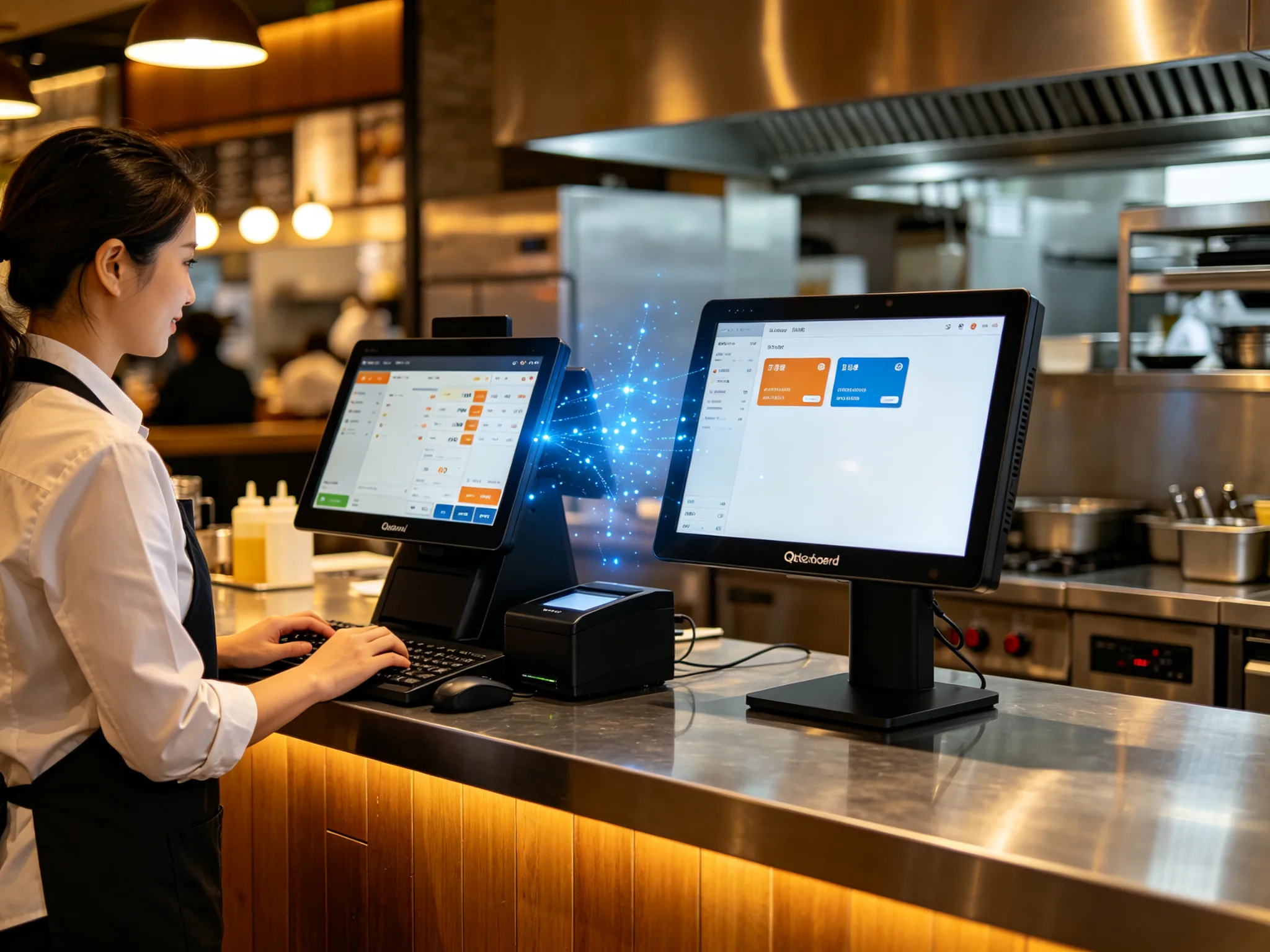 Restaurant POS terminal integrated with Qtenboard kitchen display system over standard API