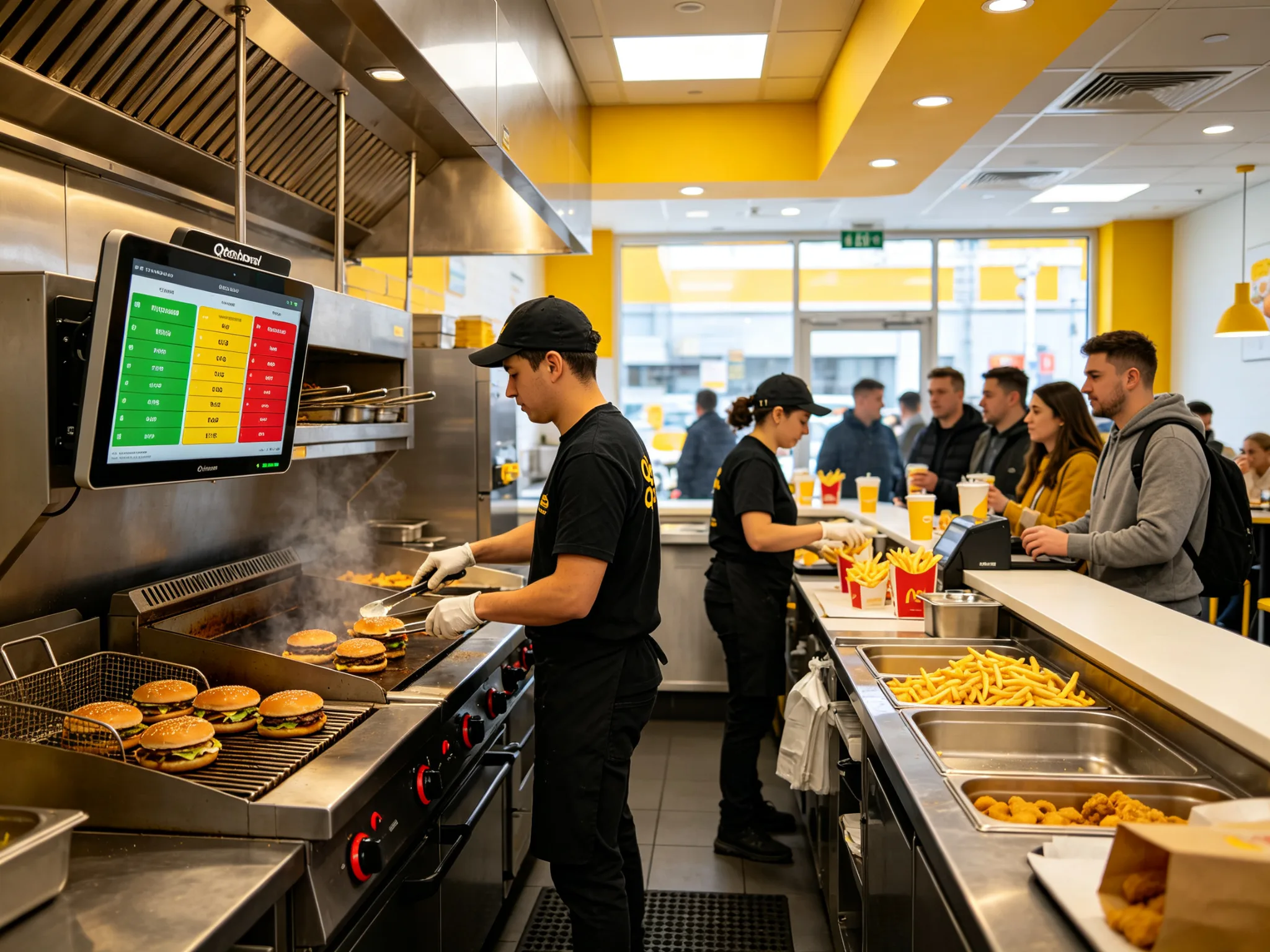 Qtenboard kitchen display system in a quick service restaurant handling counter drive-thru and delivery orders