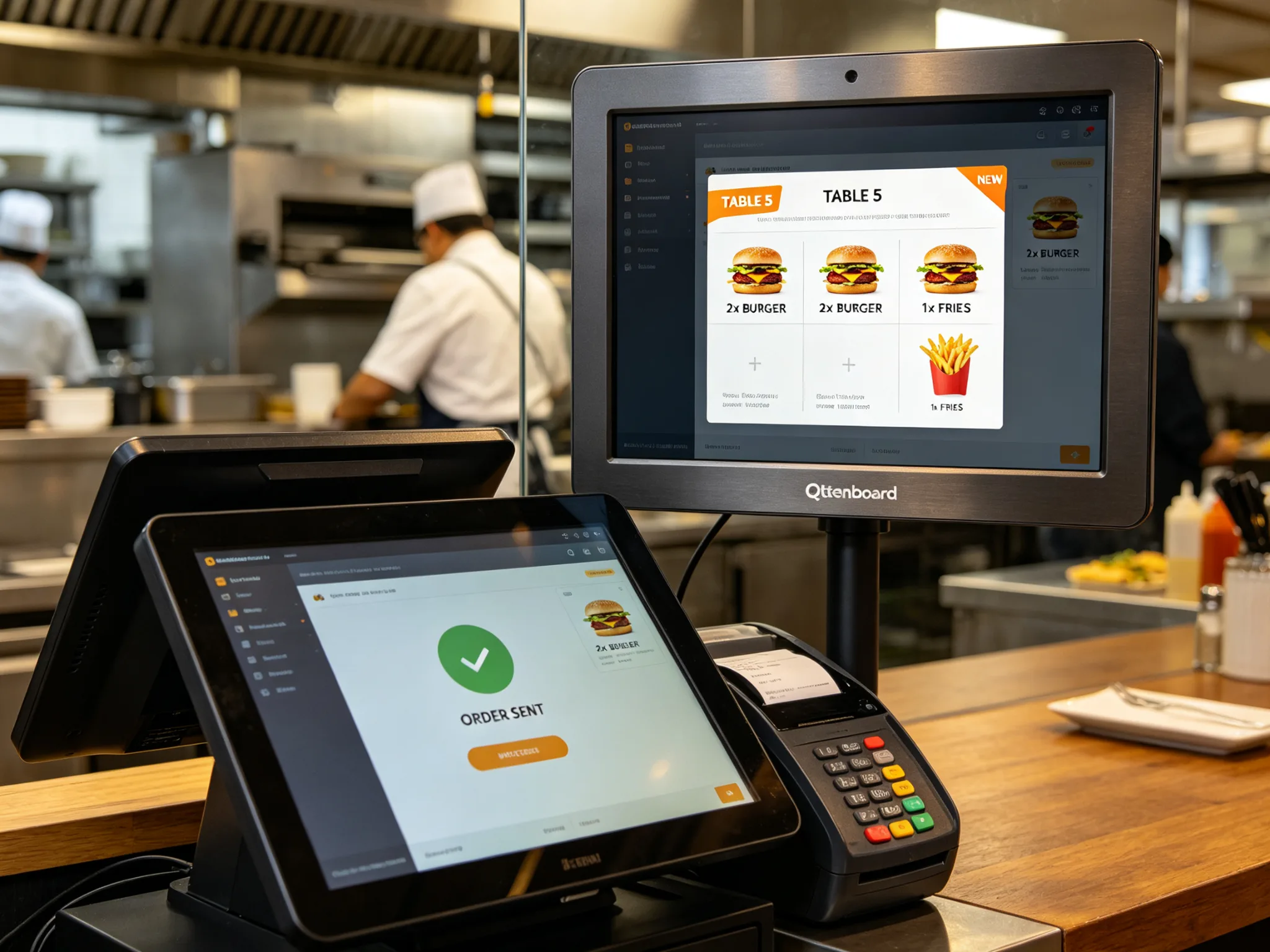 POS sending an order instantly to the Qtenboard kitchen display screen