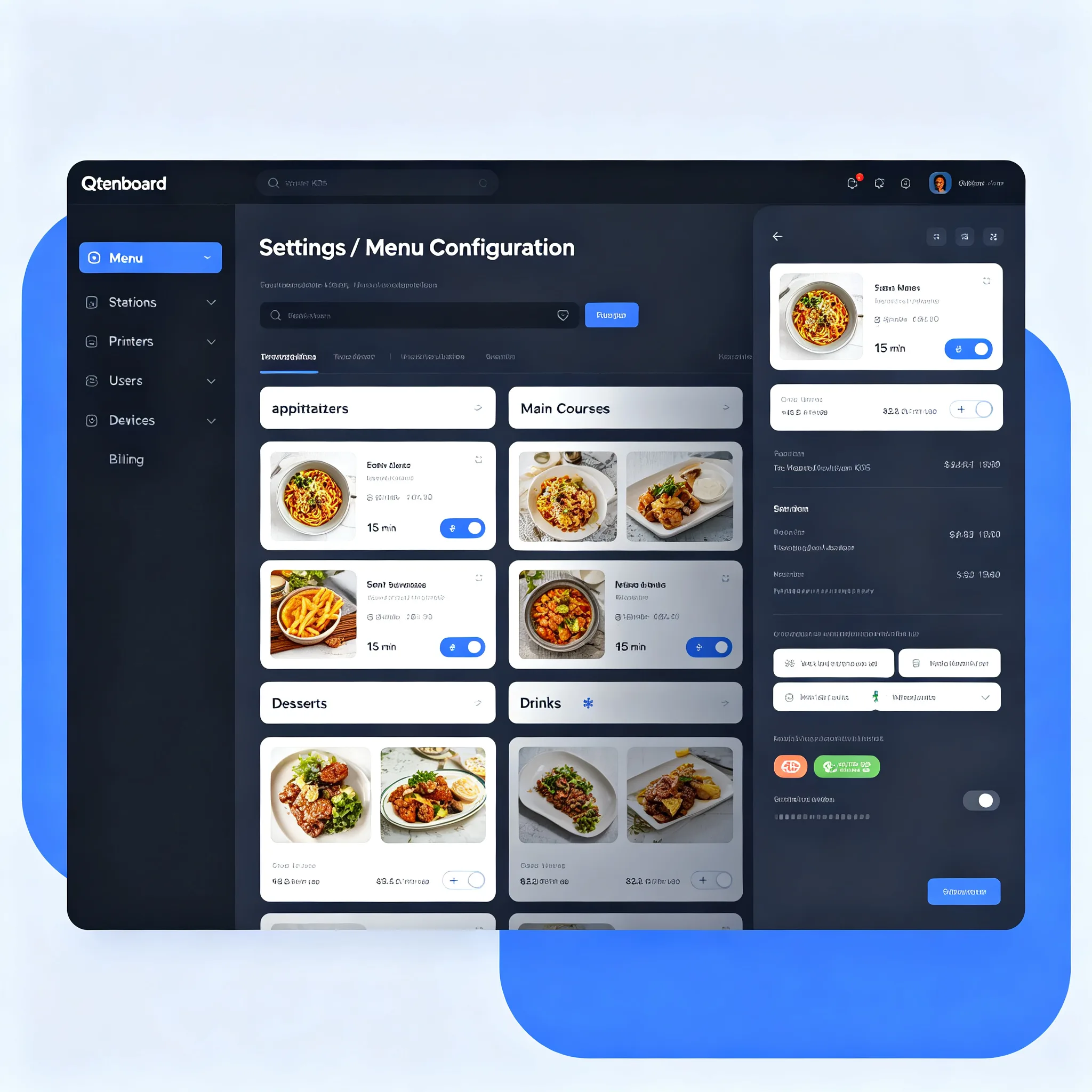 Qtenboard KDS back office menu configuration settings with prep time allergen and modifier management