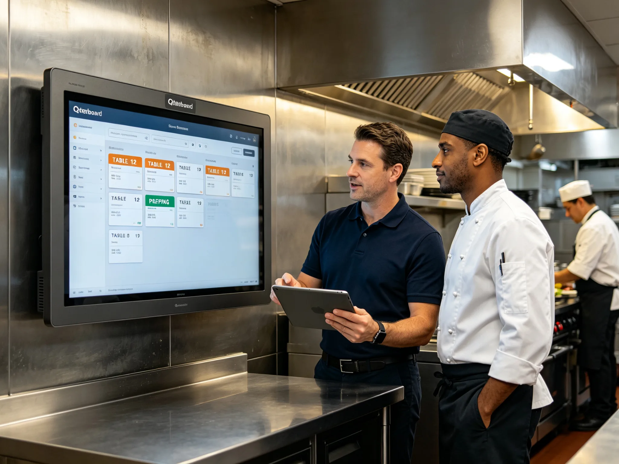 Qtenboard engineering team and chef reviewing kitchen display system software on a kitchen terminal