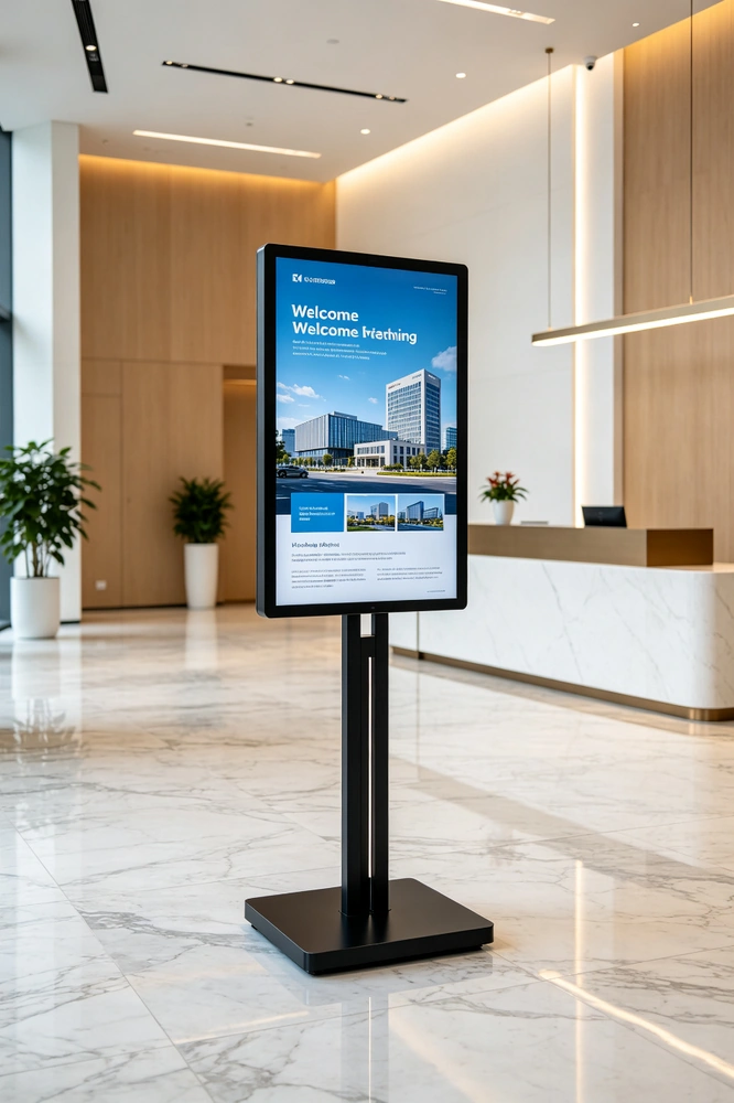 Qtenboard rotating digital signage in corporate lobby office building display