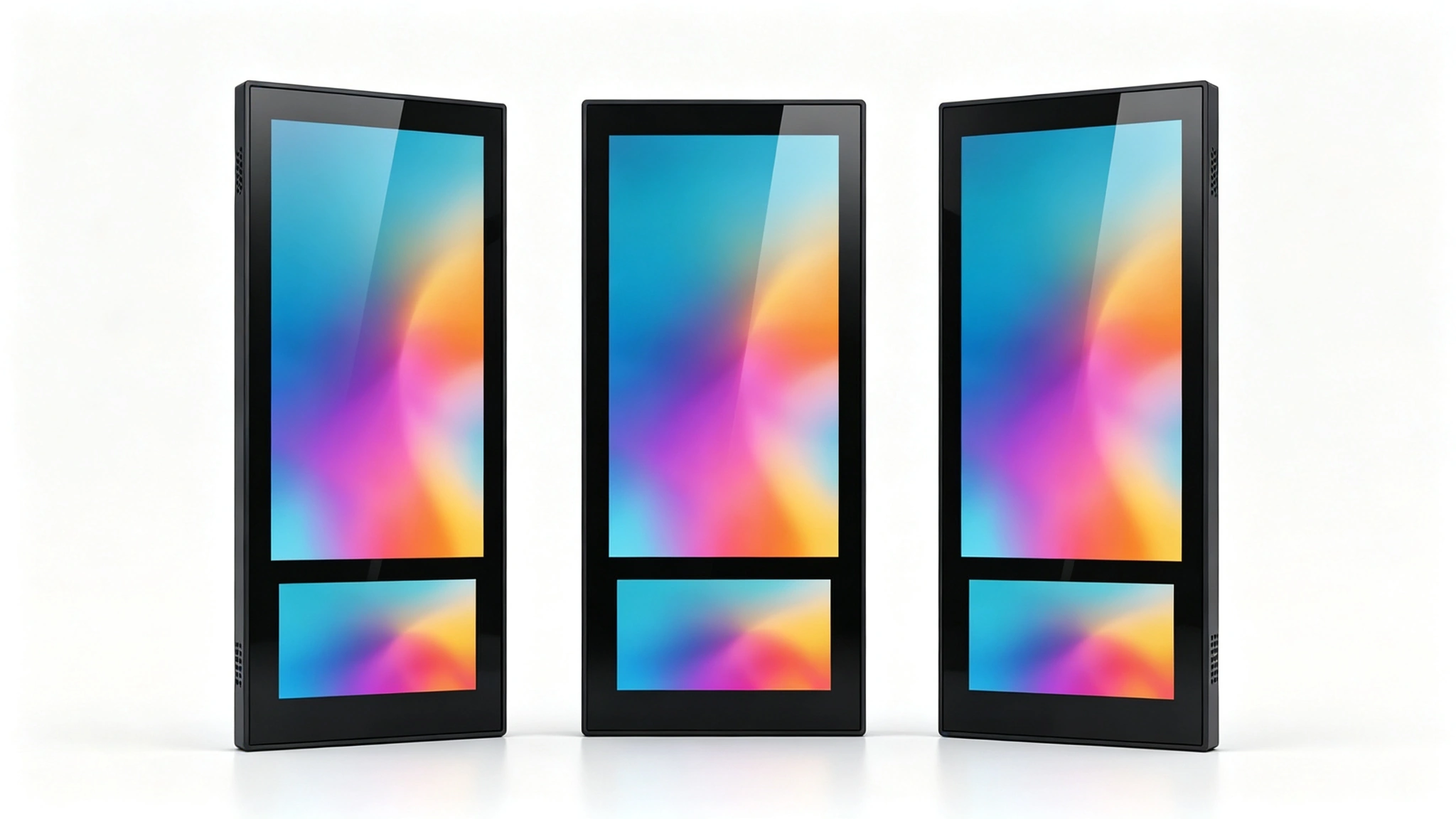 Three dual-screen elevator advertising display models showing size variations: 18.5+10.1 inch, 21.5+12.1 inch and 27+24 inch configurations