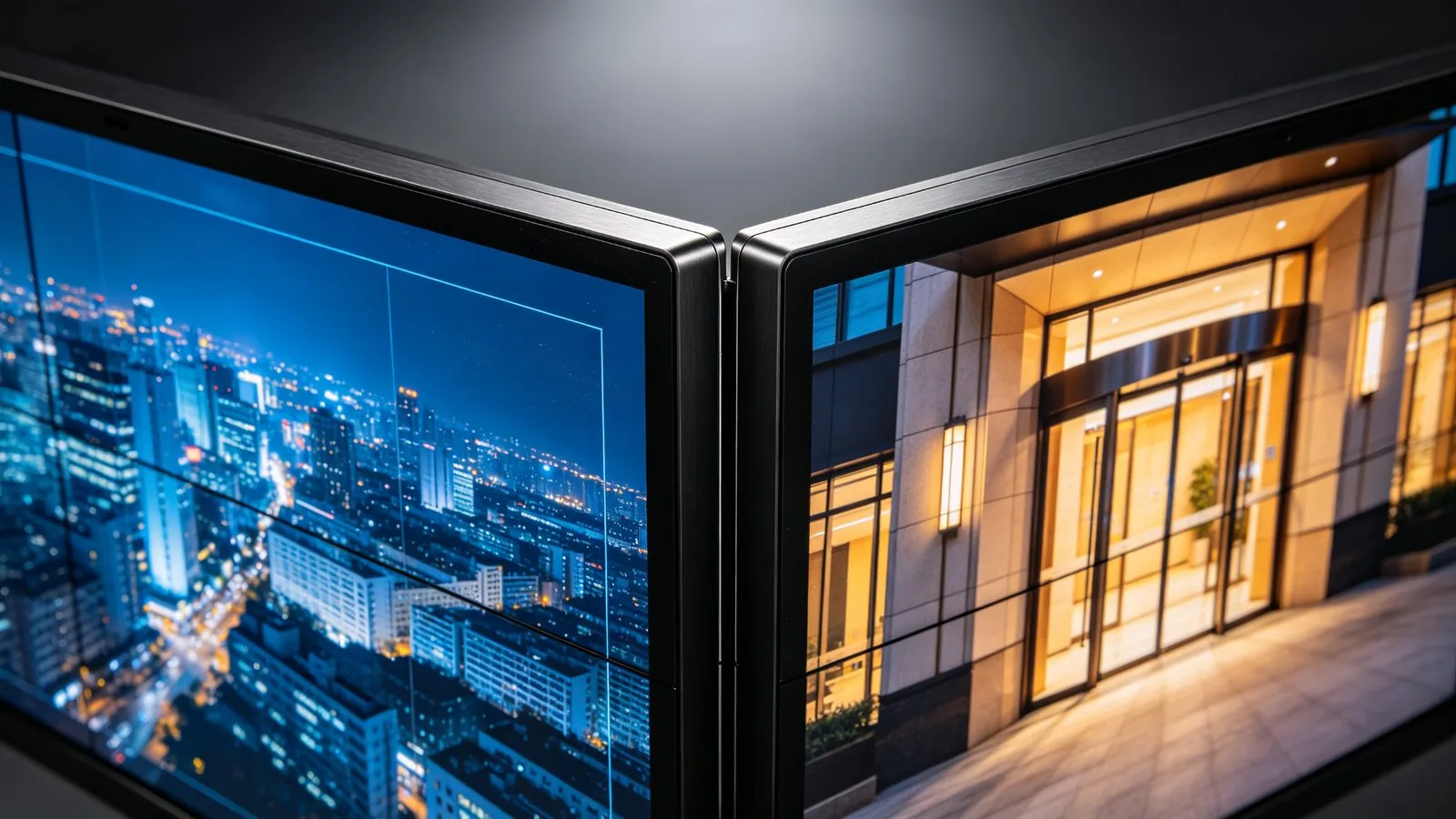 Close-up of ultra-narrow bezel between two LCD video wall panels