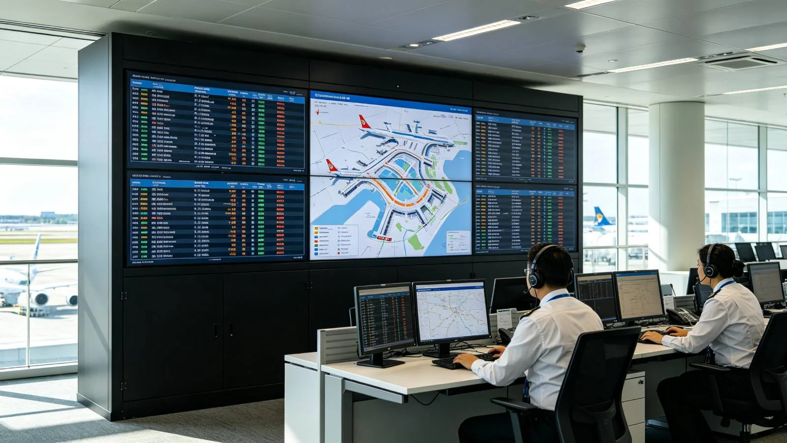 Airport operations room with 2x3 LCD video wall showing flight information