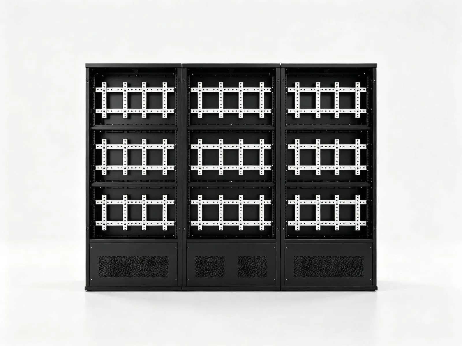 Empty heavy-duty steel video wall mounting cabinet frame with matrix brackets
