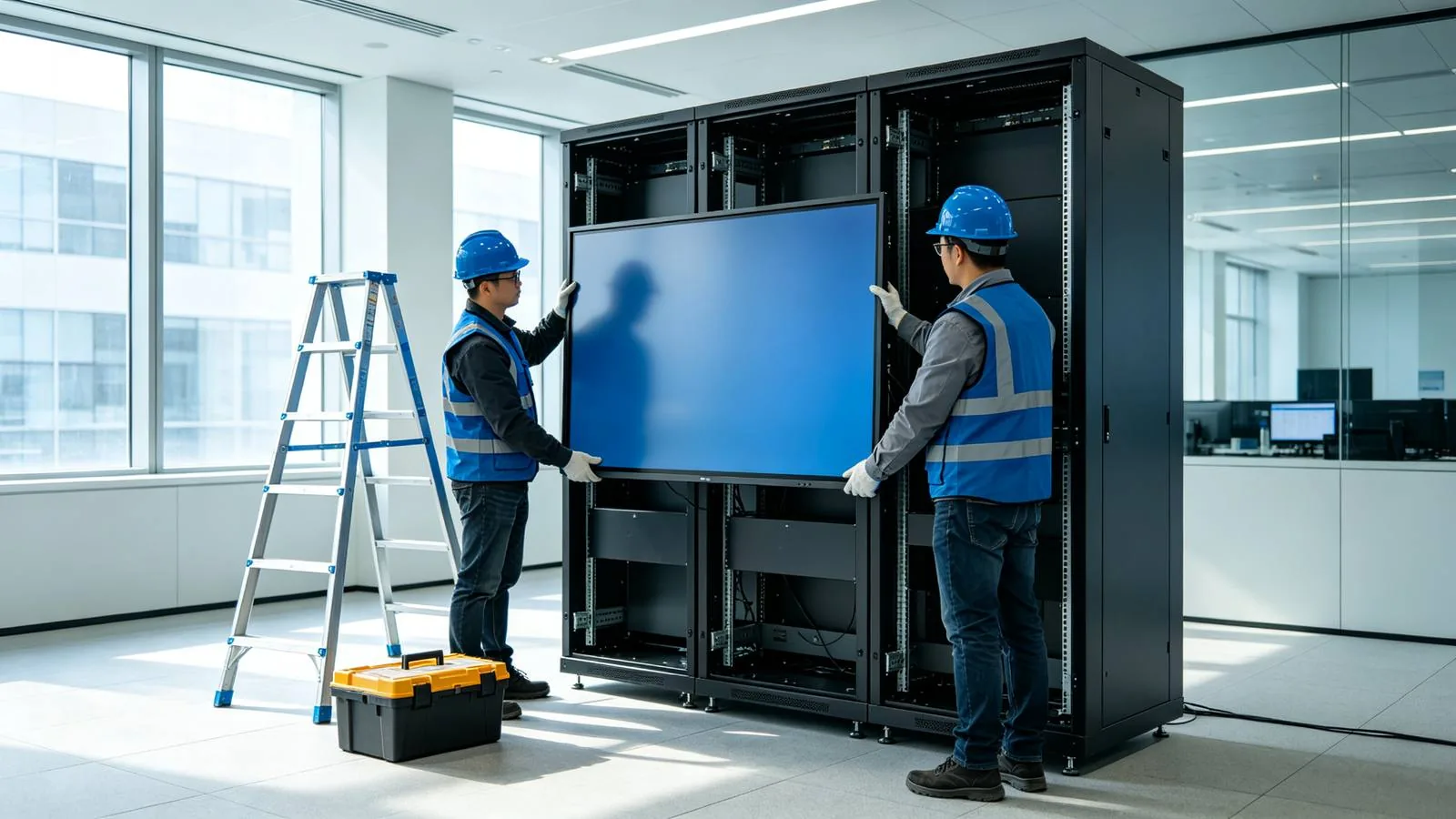 Technicians installing an LCD panel onto a steel video wall cabinet