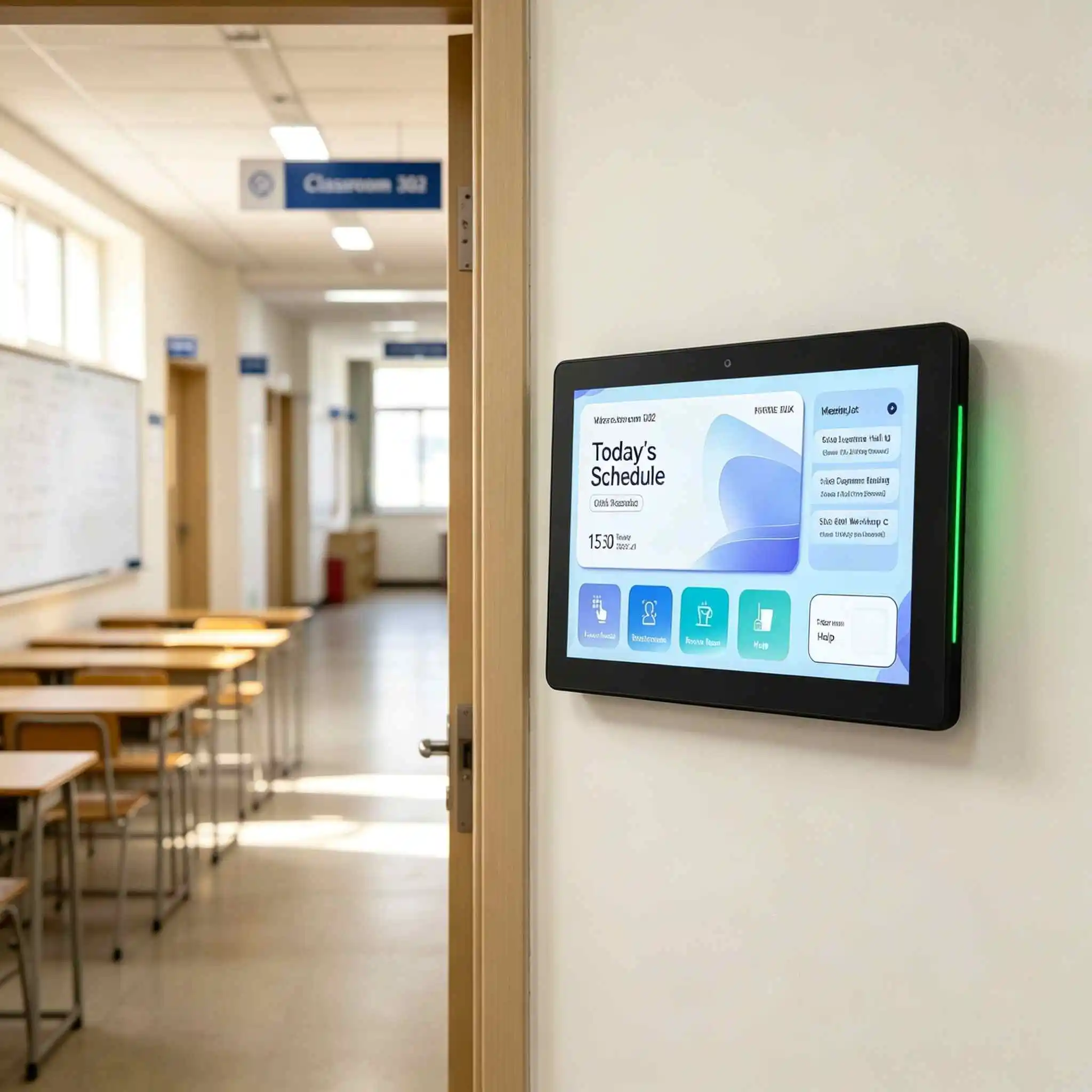 Wall mounted meeting room booking tablet installed outside classroom for class schedule display