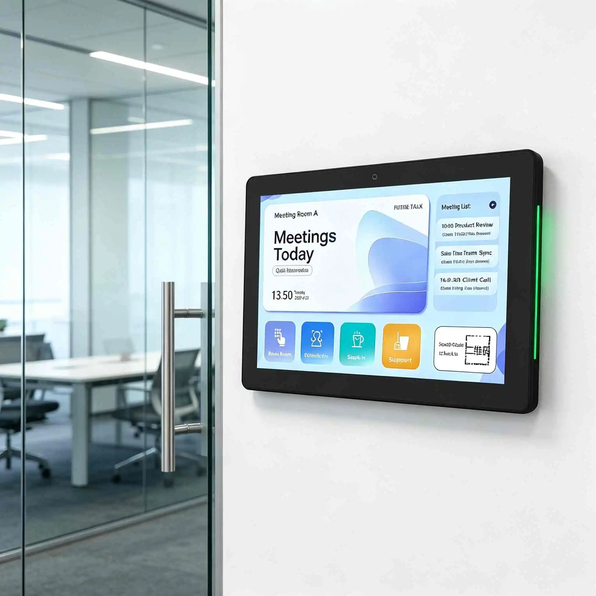 Wall mounted touch screen panel outside glass meeting room for daily meeting schedule