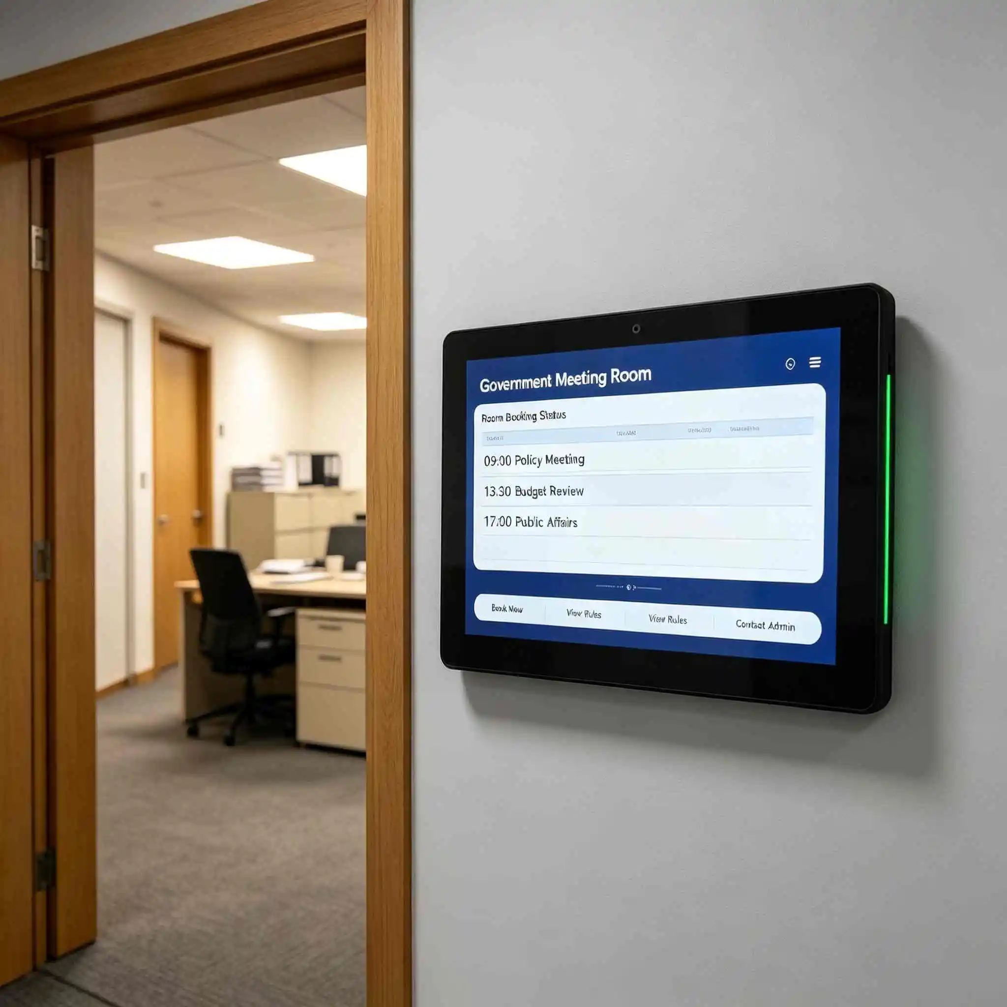 Wall mounted room booking panel for government meeting room schedule management